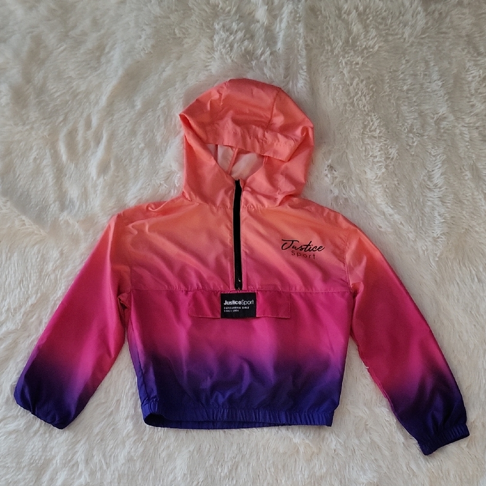Justice Packable Windbreaker Half Zip Pullover Hood Ombre Colors Girl Size M 10
